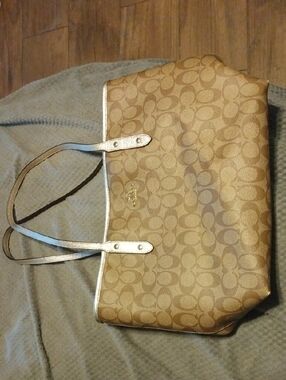Coach Signature Canvas Tote in Light Brown with Gold Trim